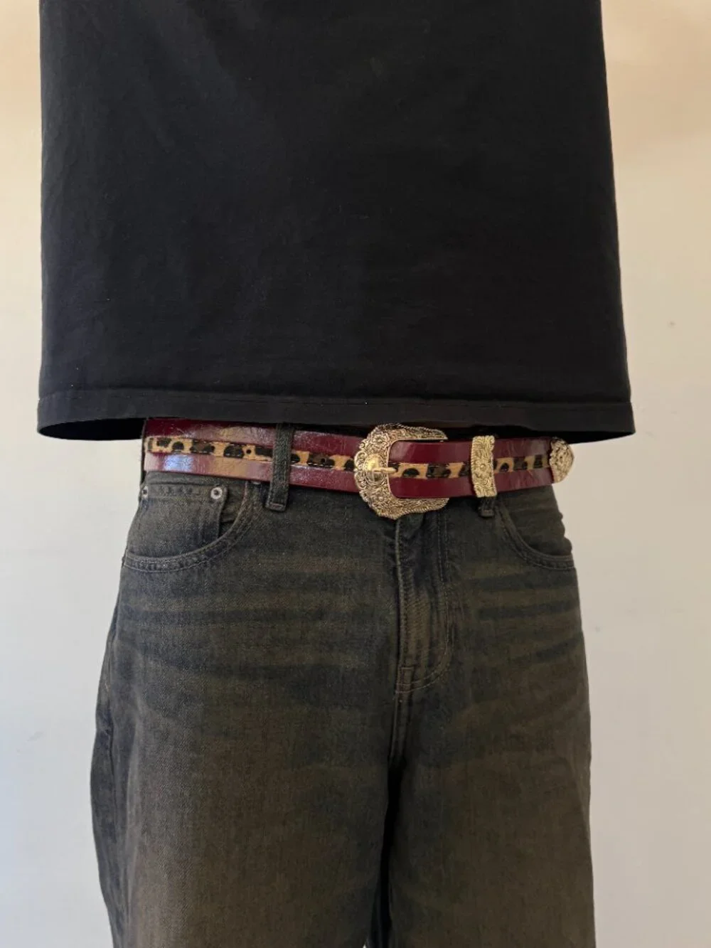 Wine Red Leopard Print Antique Western Belt